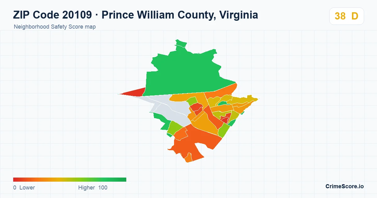 ZIP Code 20109 in Prince William County, Virginia neighborhood Safety Score map