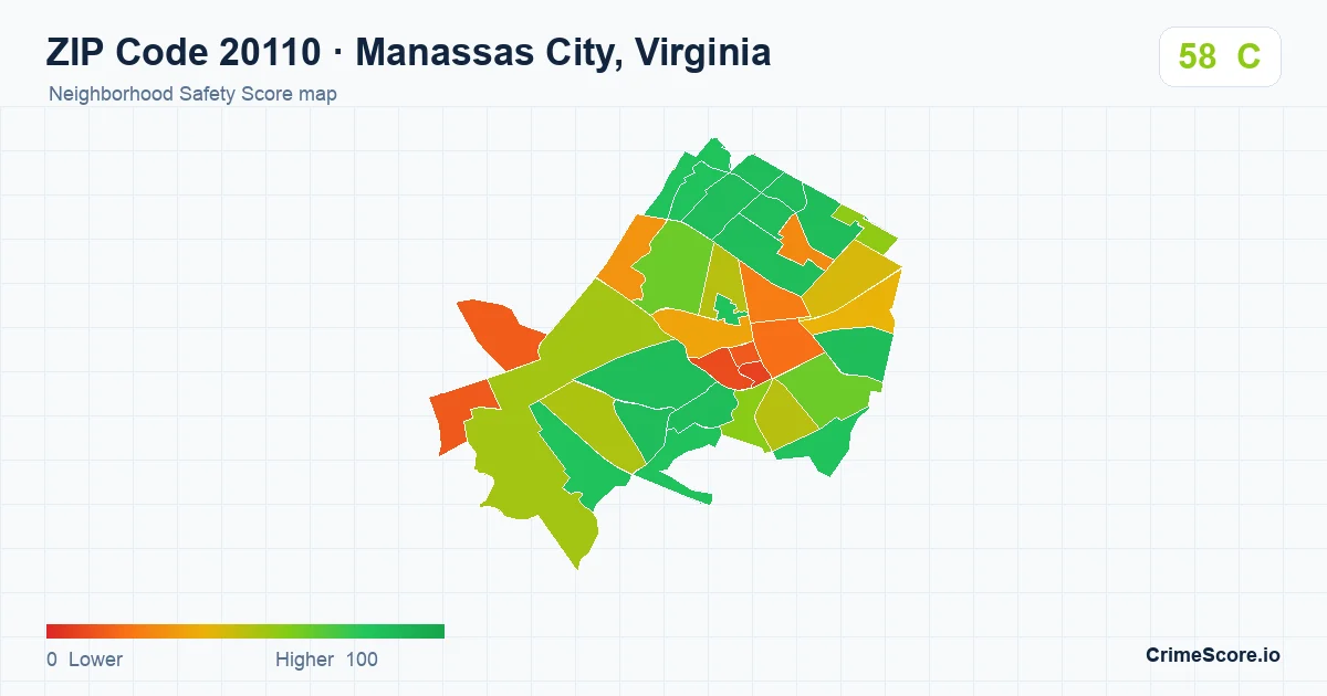 ZIP Code 20110 in Manassas City, Virginia neighborhood Safety Score map