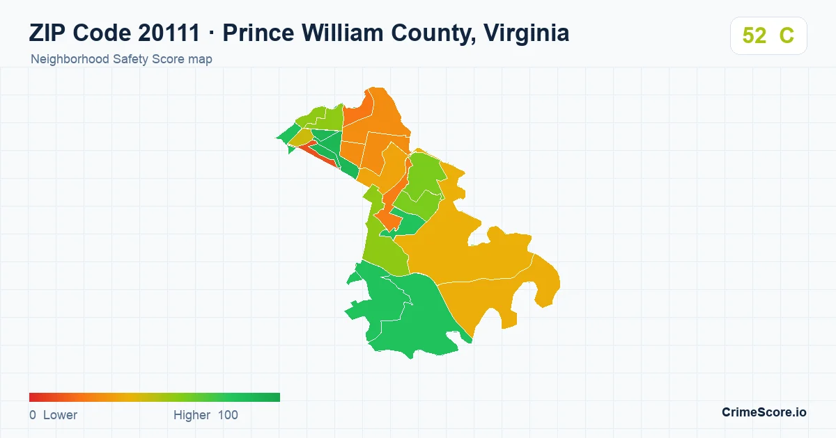 ZIP Code 20111 in Prince William County, Virginia neighborhood Safety Score map