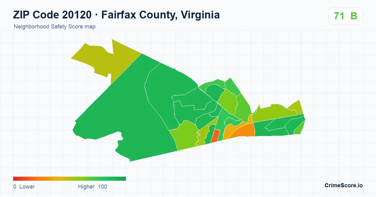 ZIP Code 20120 in Fairfax County, Virginia neighborhood Safety Score map