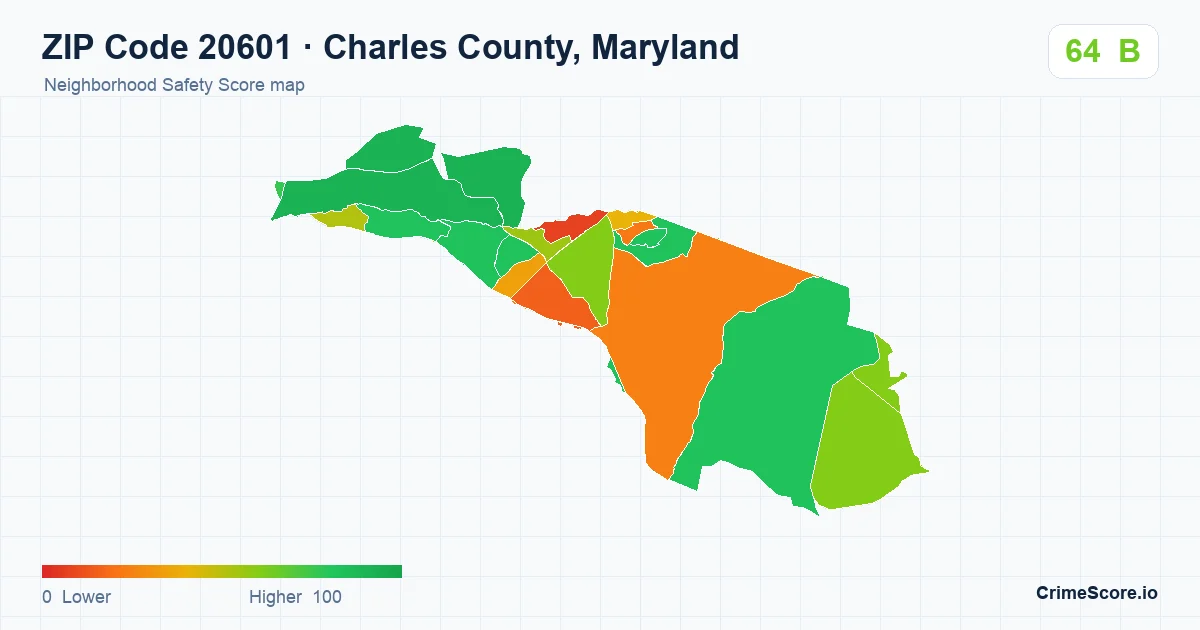 ZIP Code 20601 in Charles County, Maryland neighborhood Safety Score map