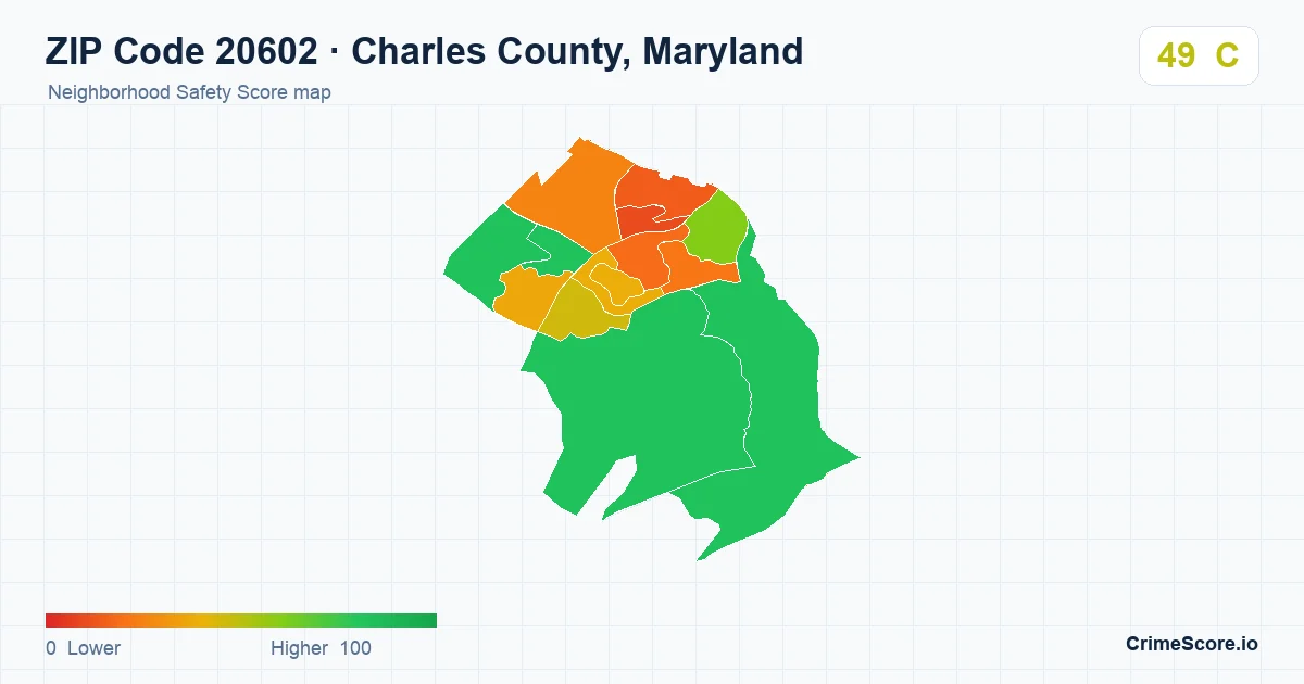 ZIP Code 20602 in Charles County, Maryland neighborhood Safety Score map