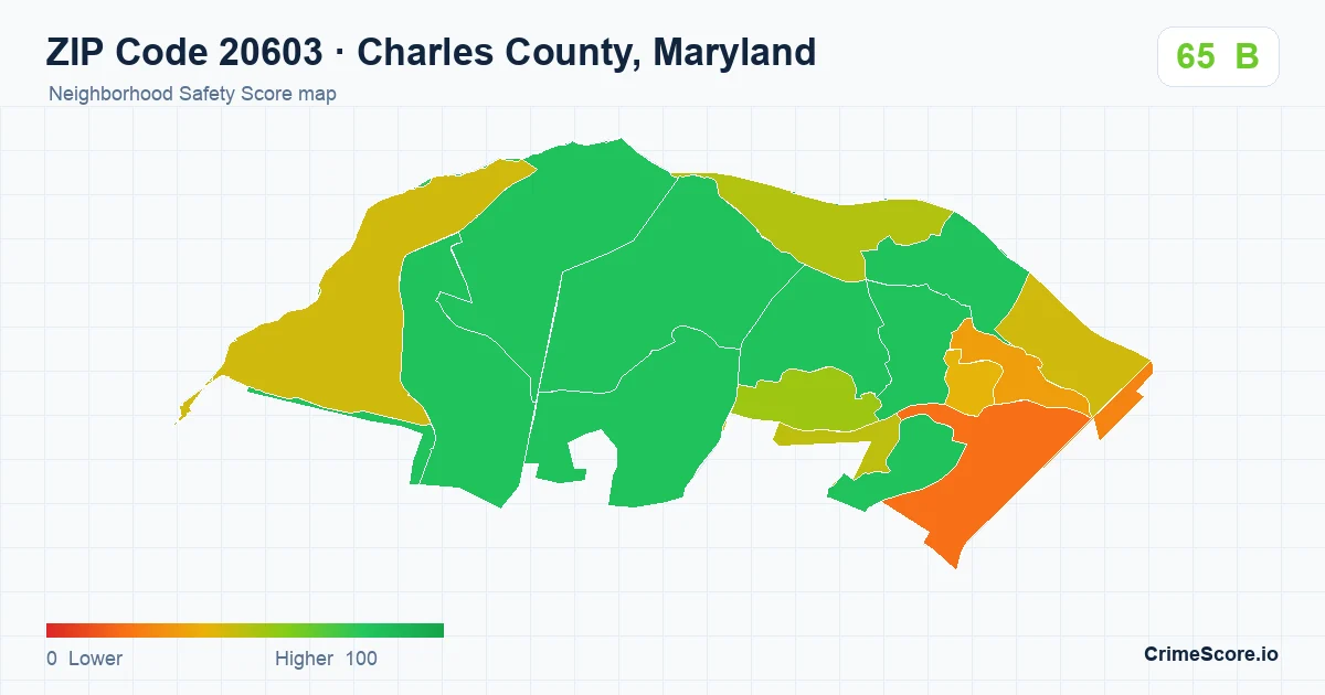 ZIP Code 20603 in Charles County, Maryland neighborhood Safety Score map