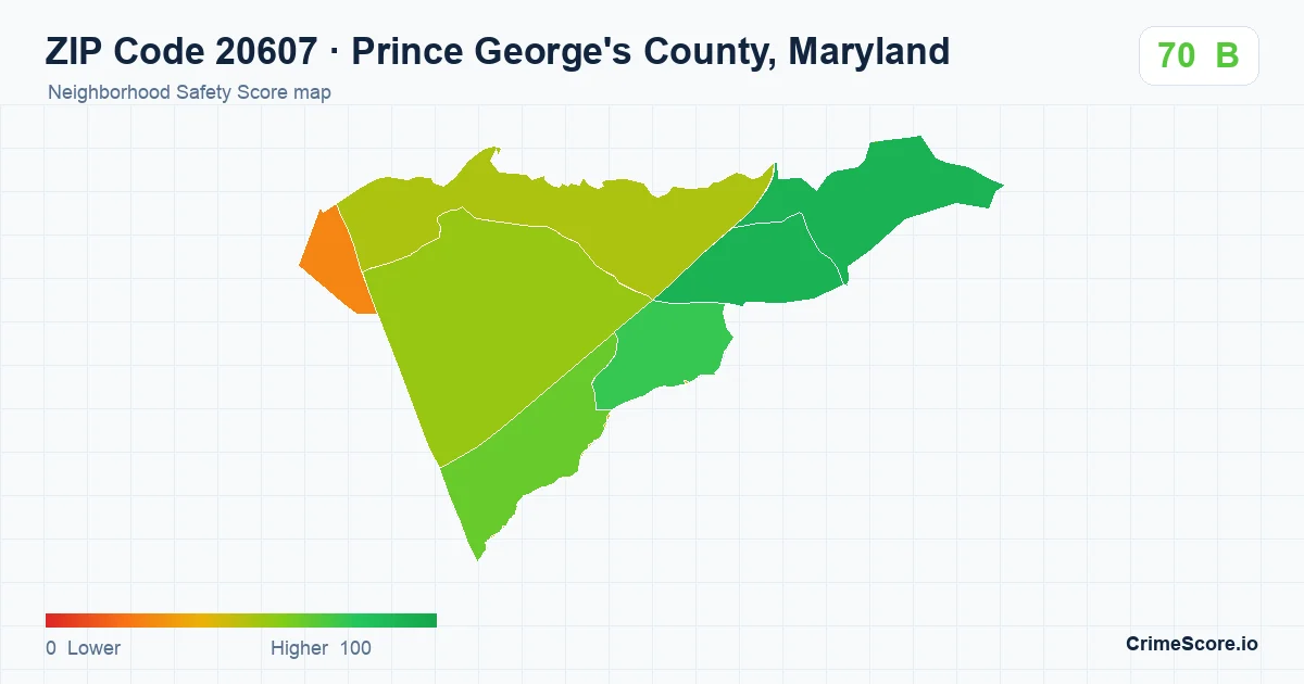 ZIP Code 20607 in Prince George's County, Maryland neighborhood Safety Score map