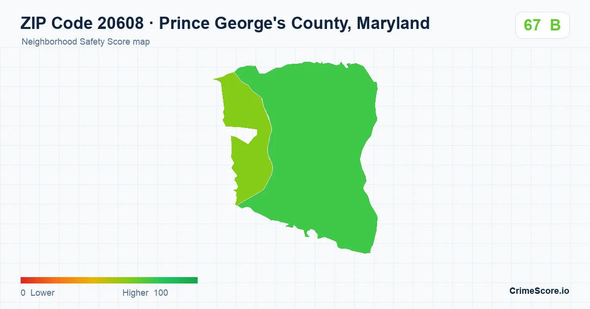 ZIP Code 20608 in Prince George's County, Maryland neighborhood Safety Score map