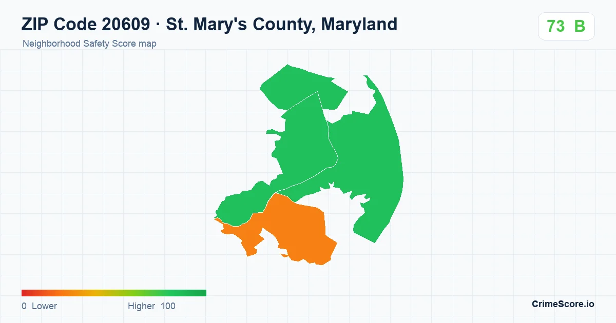 ZIP Code 20609 in St. Mary's County, Maryland neighborhood Safety Score map