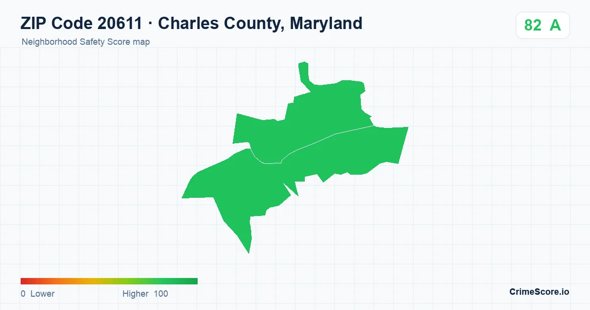 ZIP Code 20611 in Charles County, Maryland neighborhood Safety Score map