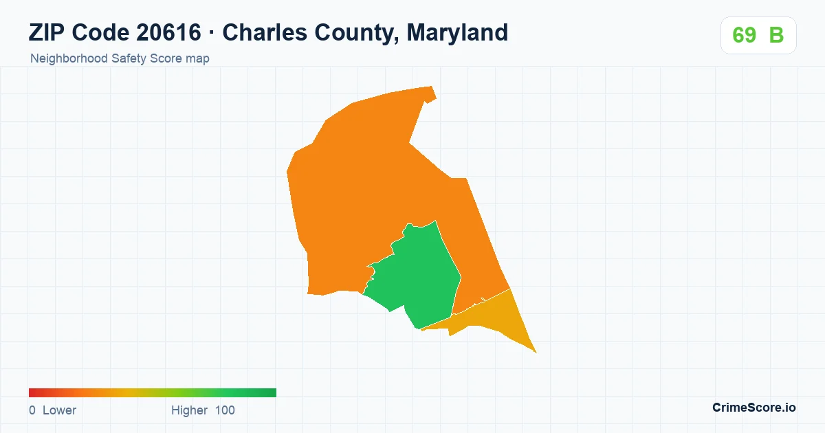 ZIP Code 20616 in Charles County, Maryland neighborhood Safety Score map