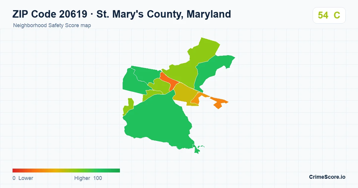 ZIP Code 20619 in St. Mary's County, Maryland neighborhood Safety Score map