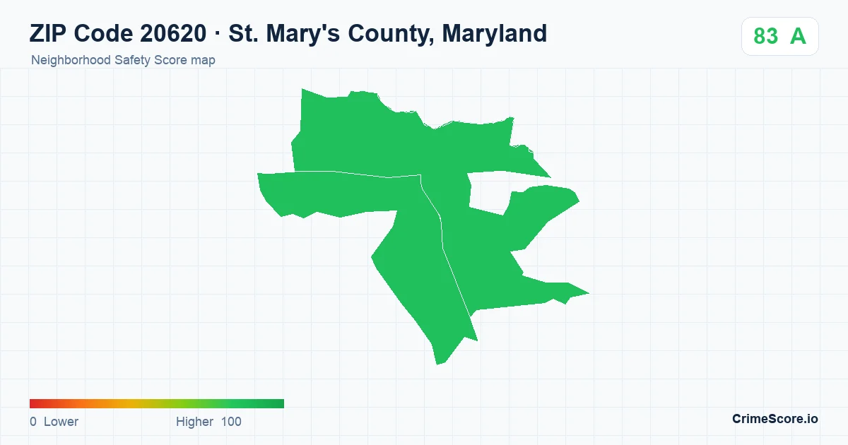 ZIP Code 20620 in St. Mary's County, Maryland neighborhood Safety Score map