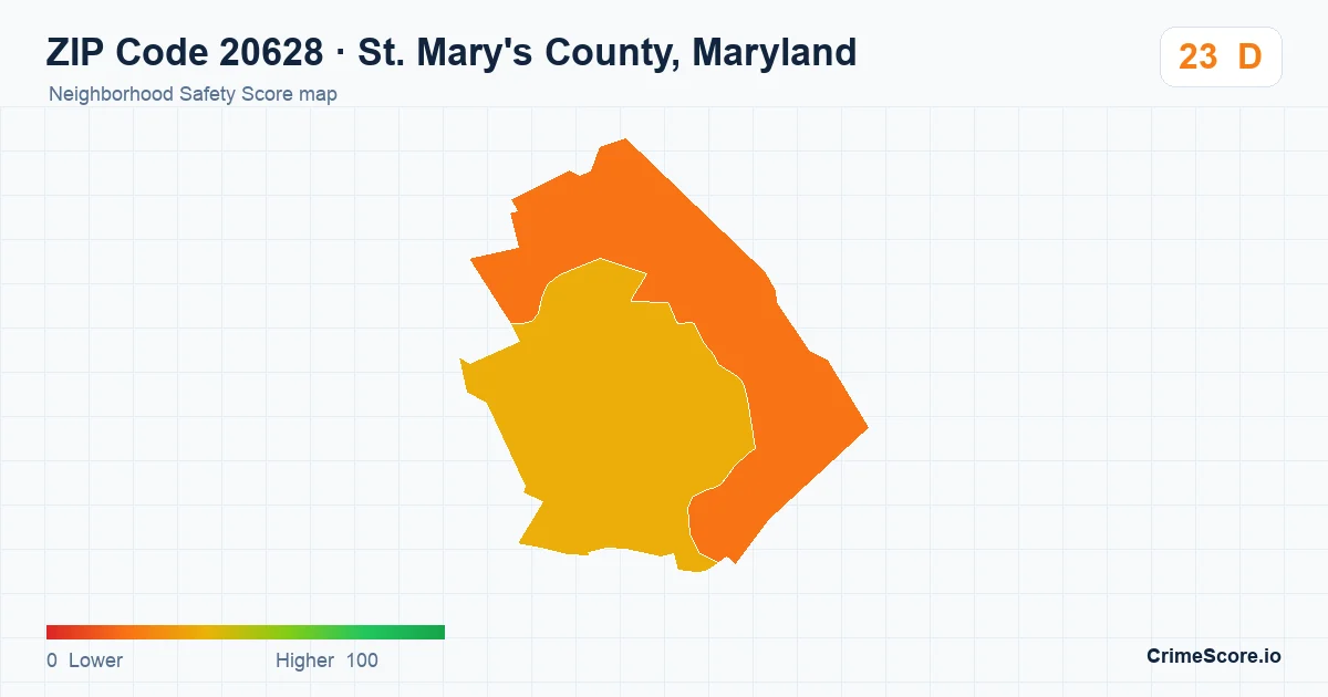 ZIP Code 20628 in St. Mary's County, Maryland neighborhood Safety Score map