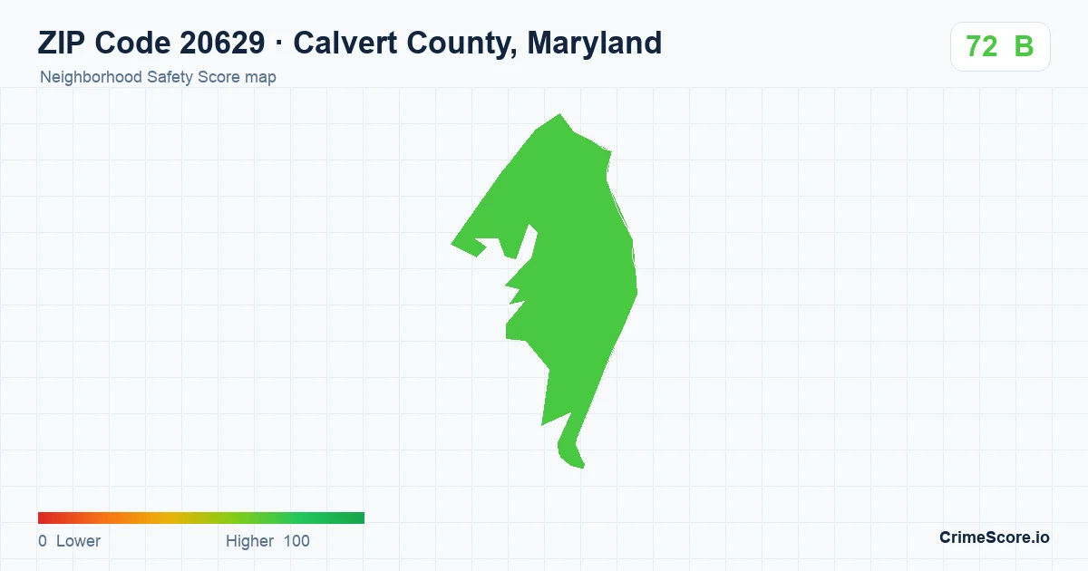 ZIP Code 20629 in Calvert County, Maryland neighborhood Safety Score map