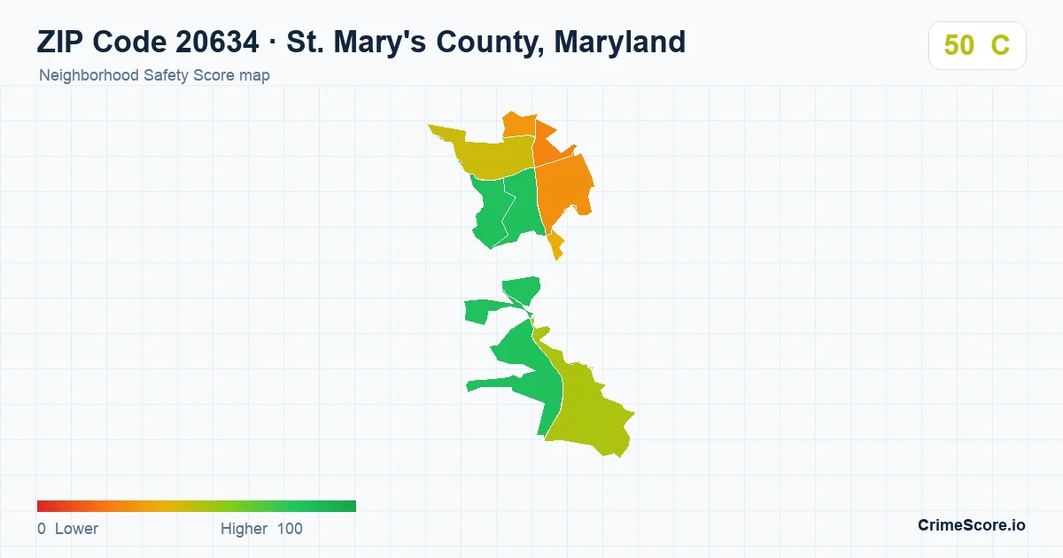 ZIP Code 20634 in St. Mary's County, Maryland neighborhood Safety Score map