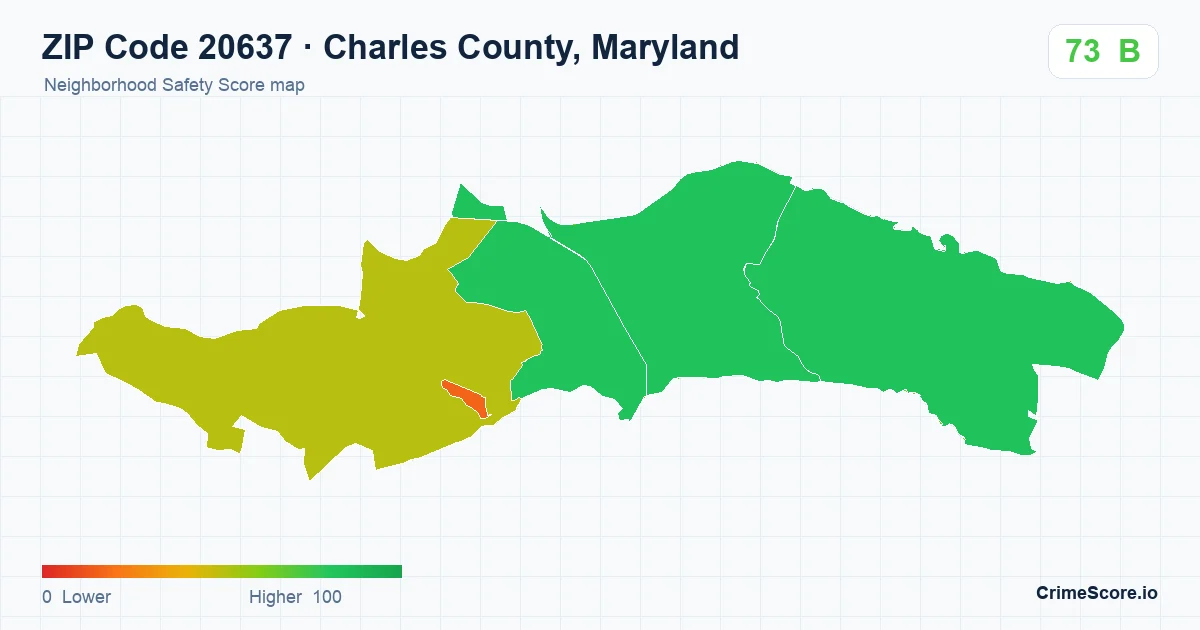 ZIP Code 20637 in Charles County, Maryland neighborhood Safety Score map