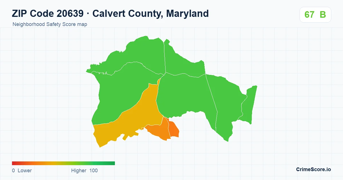 ZIP Code 20639 in Calvert County, Maryland neighborhood Safety Score map