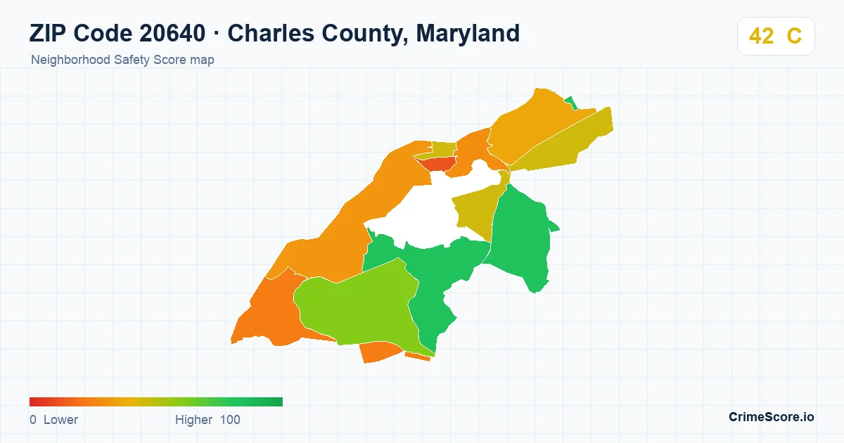 ZIP Code 20640 in Charles County, Maryland neighborhood Safety Score map
