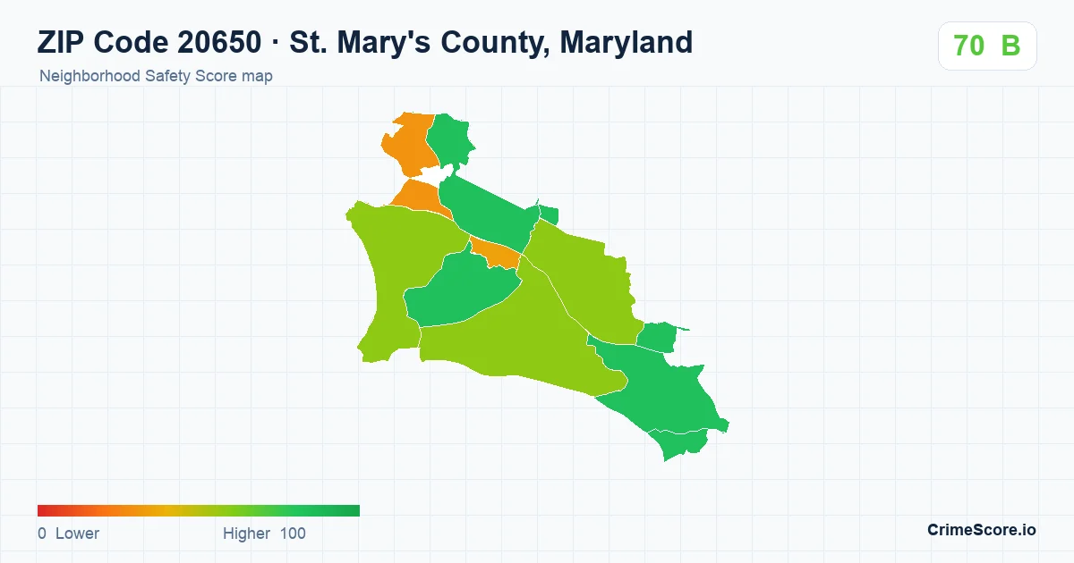ZIP Code 20650 in St. Mary's County, Maryland neighborhood Safety Score map