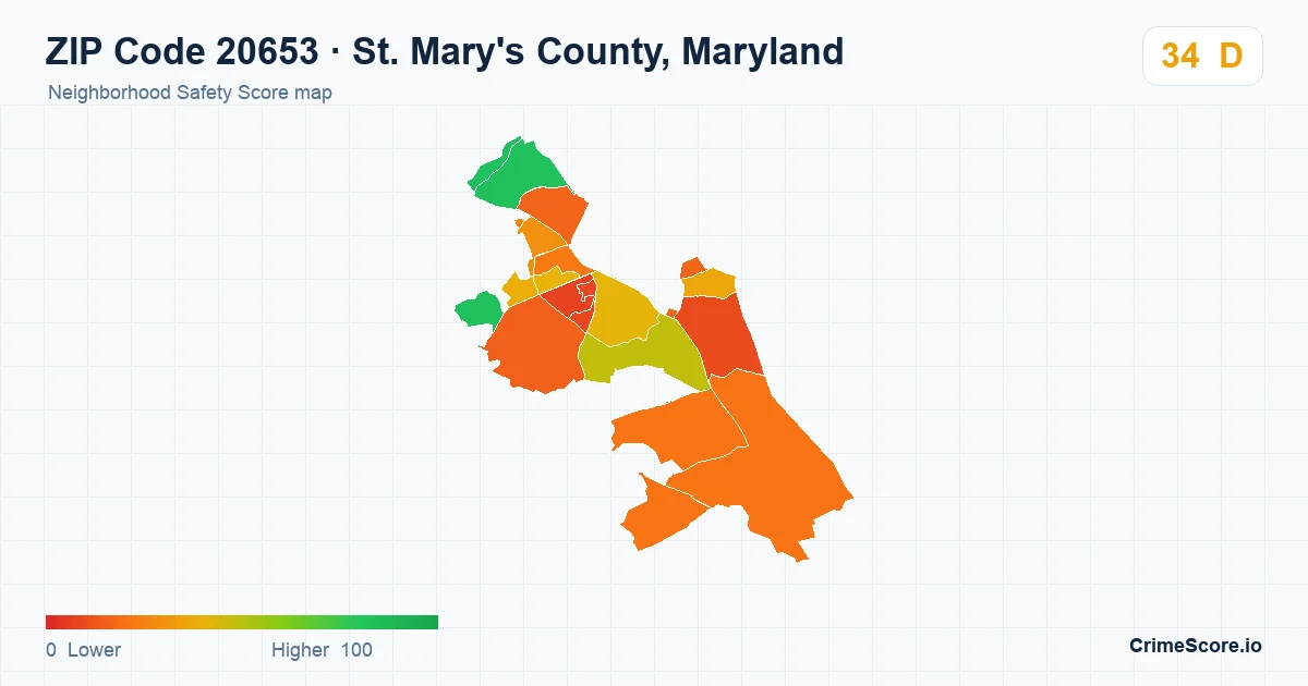 ZIP Code 20653 in St. Mary's County, Maryland neighborhood Safety Score map