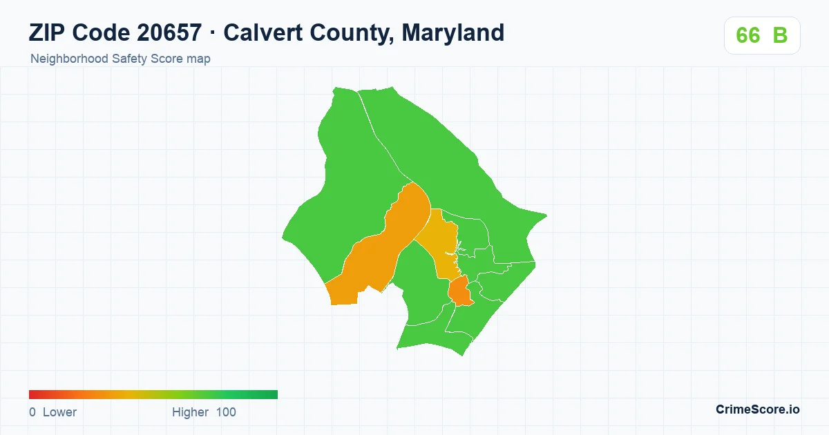 ZIP Code 20657 in Calvert County, Maryland neighborhood Safety Score map