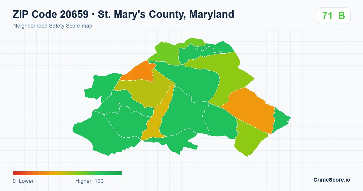 ZIP Code 20659 in St. Mary's County, Maryland neighborhood Safety Score map