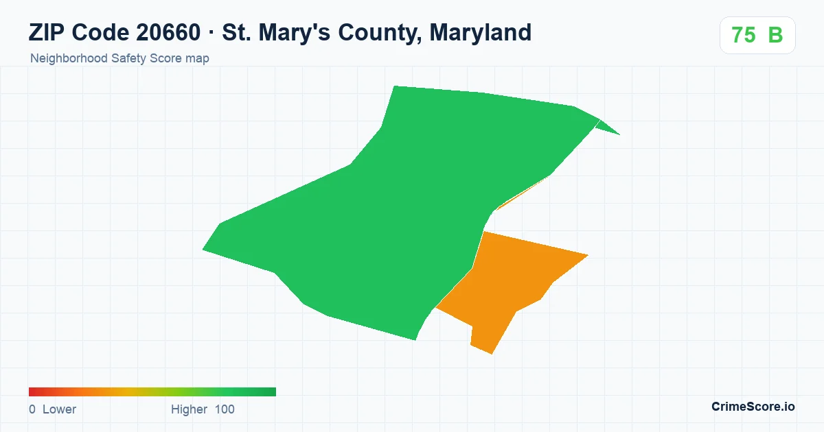 ZIP Code 20660 in St. Mary's County, Maryland neighborhood Safety Score map
