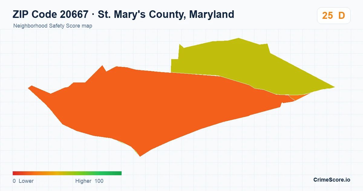 ZIP Code 20667 in St. Mary's County, Maryland neighborhood Safety Score map