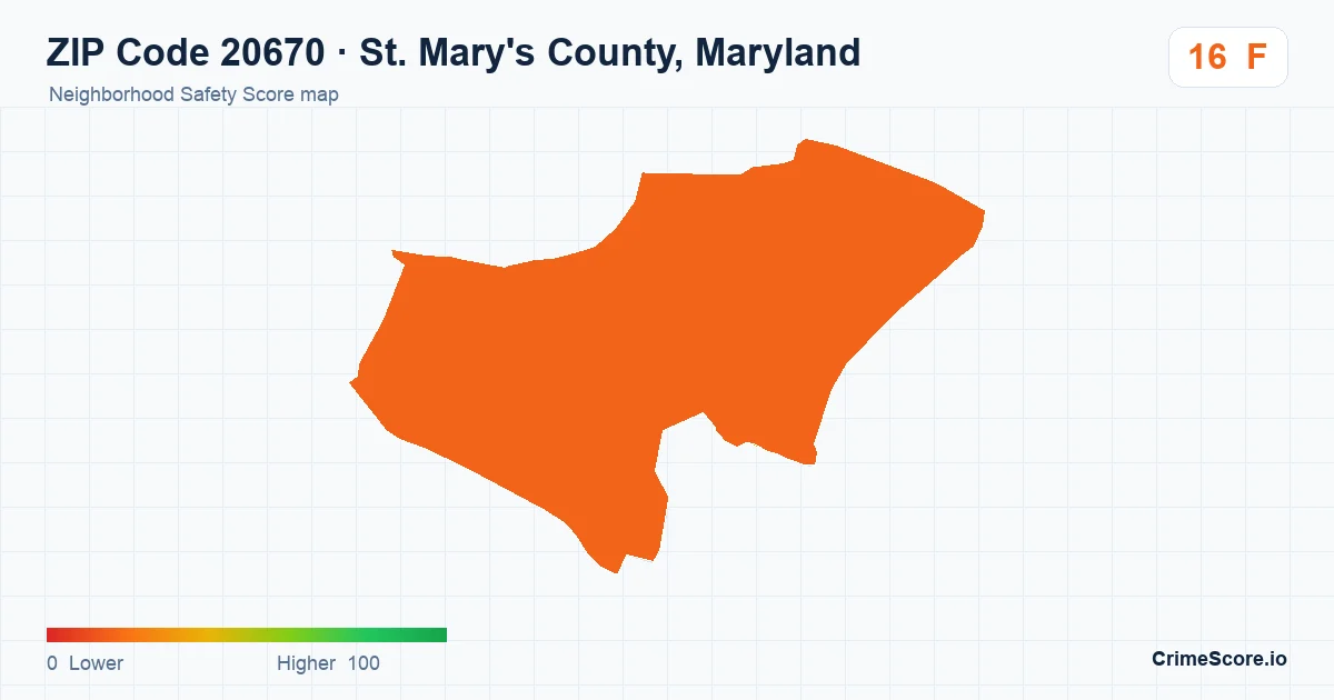 ZIP Code 20670 in St. Mary's County, Maryland neighborhood Safety Score map