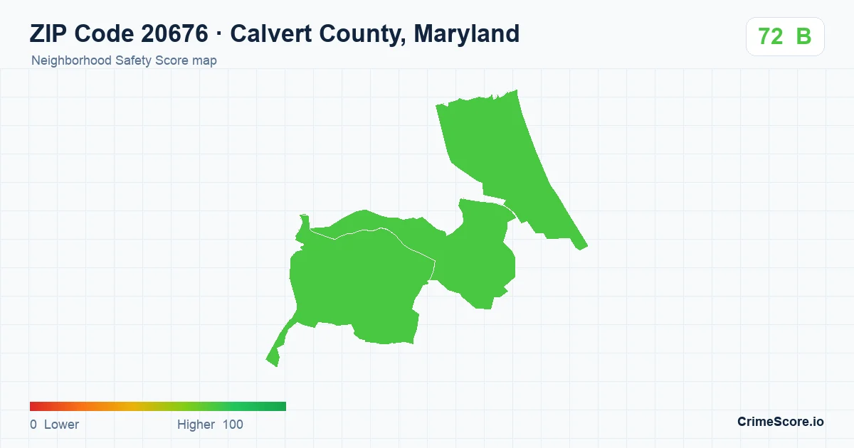 ZIP Code 20676 in Calvert County, Maryland neighborhood Safety Score map