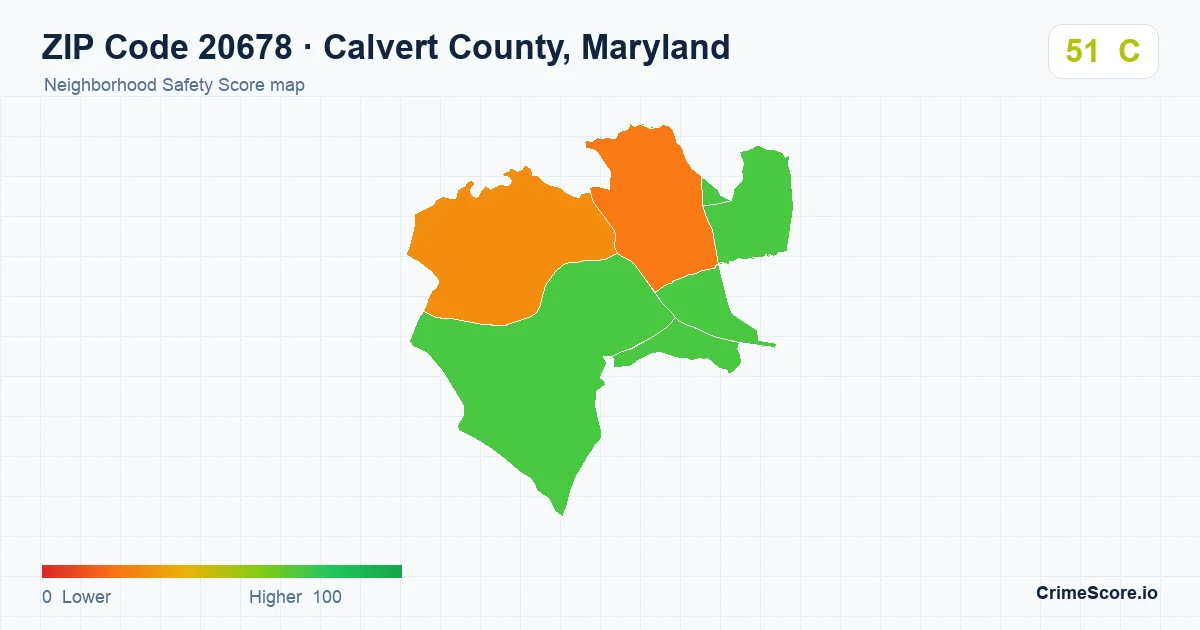 ZIP Code 20678 in Calvert County, Maryland neighborhood Safety Score map