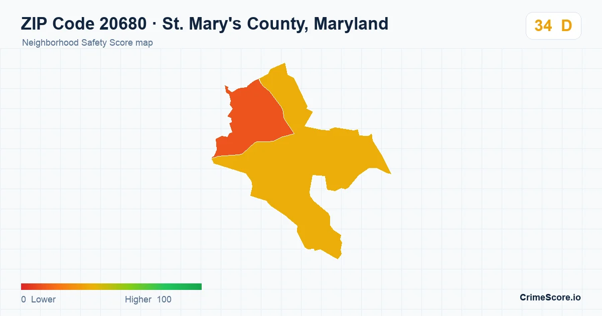 ZIP Code 20680 in St. Mary's County, Maryland neighborhood Safety Score map