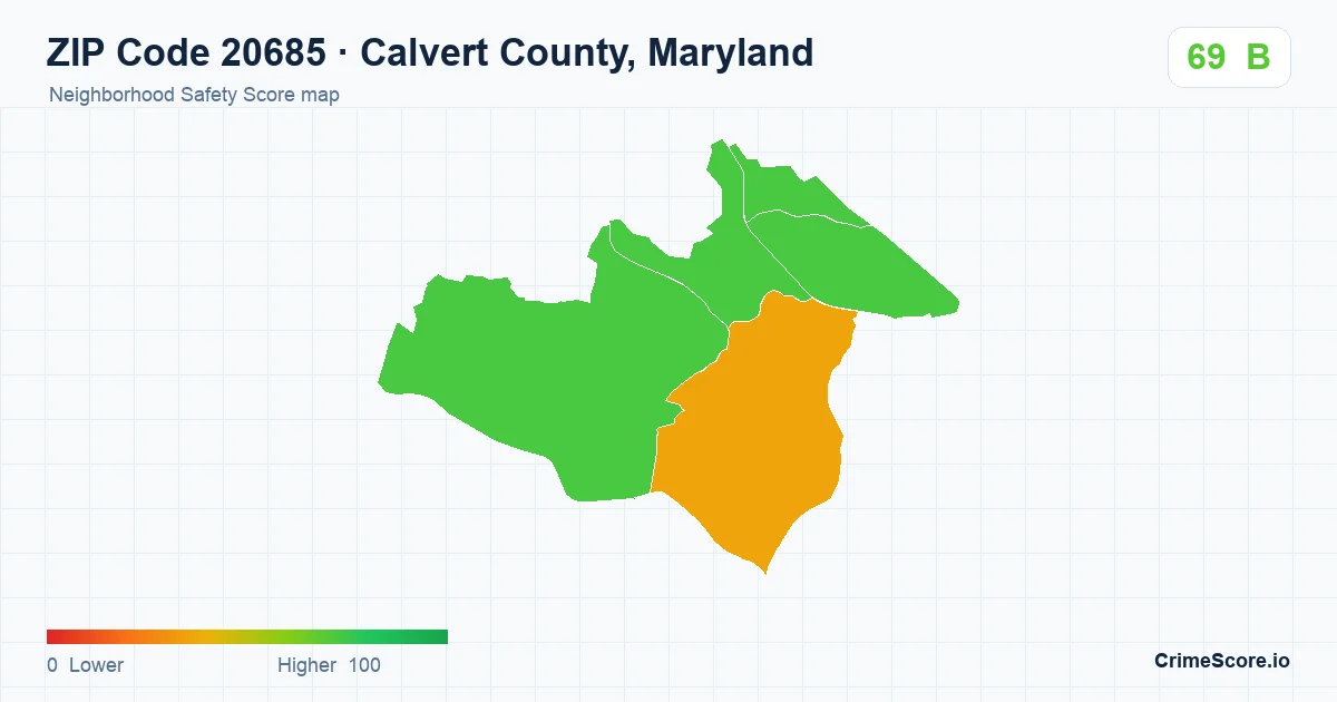ZIP Code 20685 in Calvert County, Maryland neighborhood Safety Score map