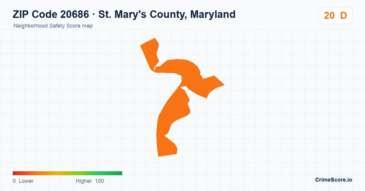 ZIP Code 20686 in St. Mary's County, Maryland neighborhood Safety Score map