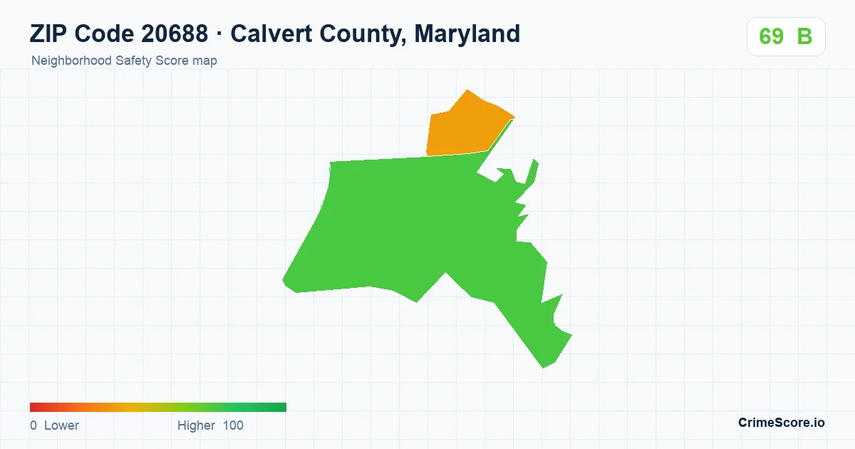 ZIP Code 20688 in Calvert County, Maryland neighborhood Safety Score map