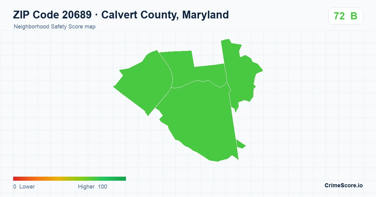 ZIP Code 20689 in Calvert County, Maryland neighborhood Safety Score map