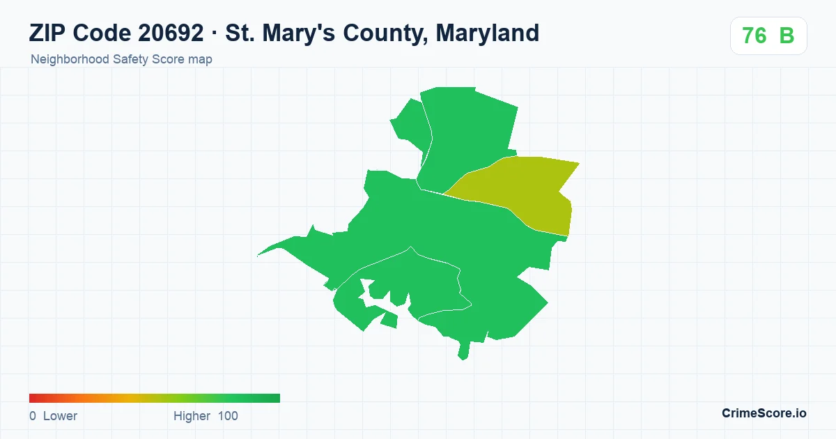 ZIP Code 20692 in St. Mary's County, Maryland neighborhood Safety Score map