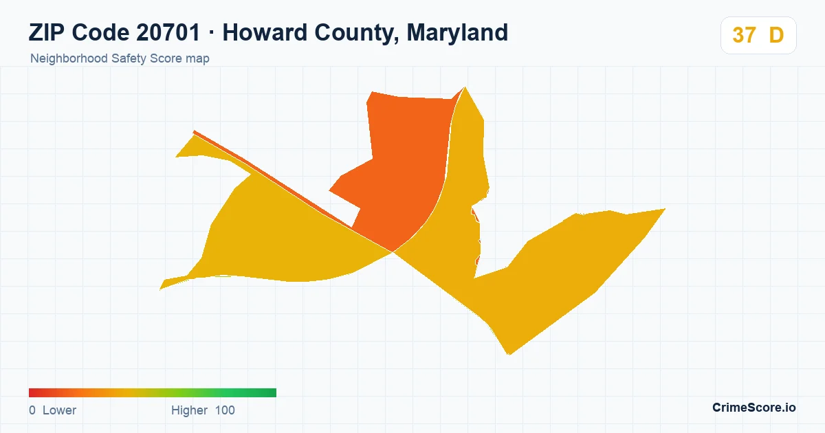 ZIP Code 20701 in Howard County, Maryland neighborhood Safety Score map