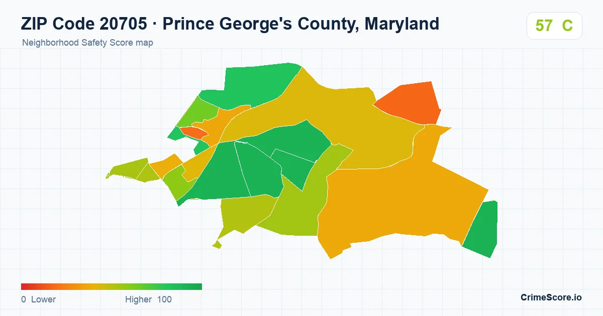 ZIP Code 20705 in Prince George's County, Maryland neighborhood Safety Score map