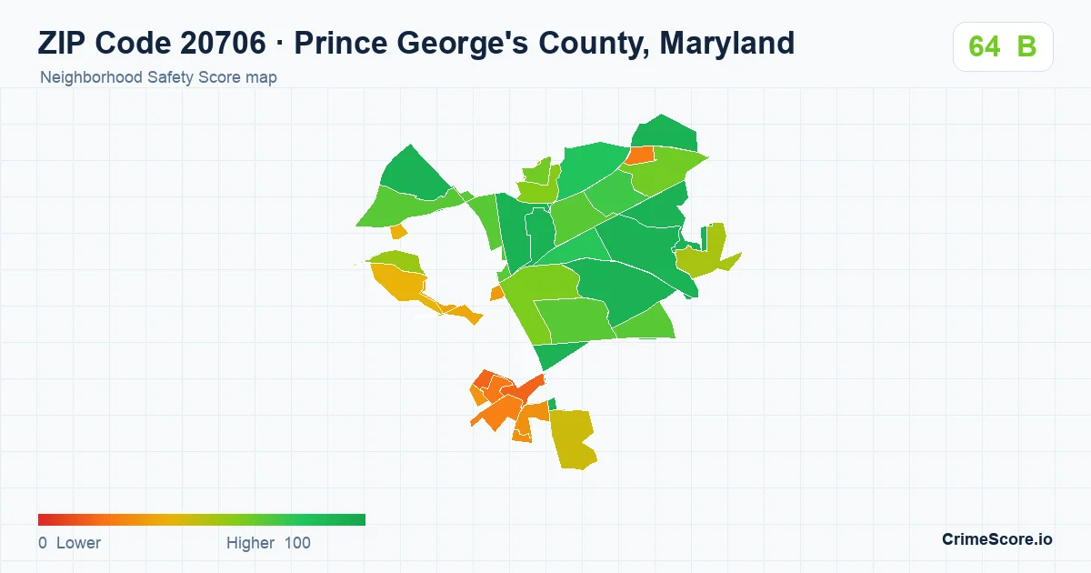 ZIP Code 20706 in Prince George's County, Maryland neighborhood Safety Score map