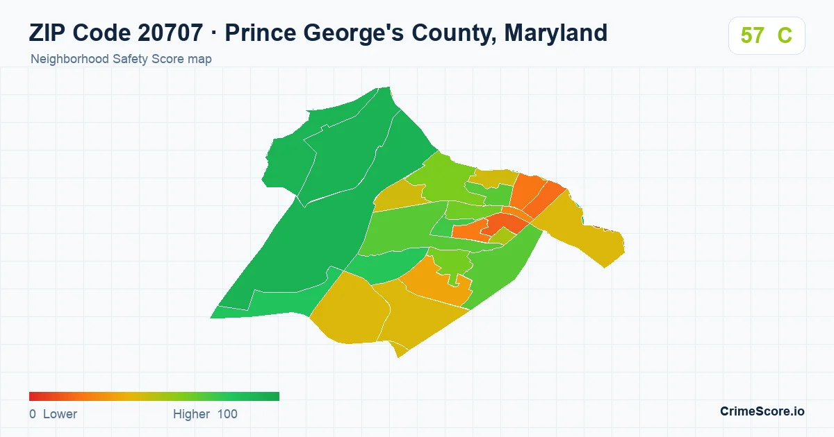 ZIP Code 20707 in Prince George's County, Maryland neighborhood Safety Score map