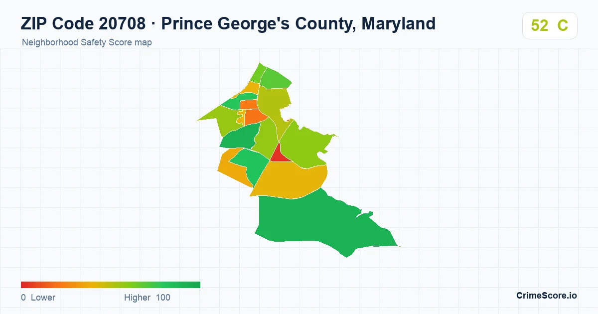 ZIP Code 20708 in Prince George's County, Maryland neighborhood Safety Score map