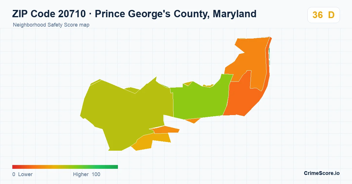 ZIP Code 20710 in Prince George's County, Maryland neighborhood Safety Score map