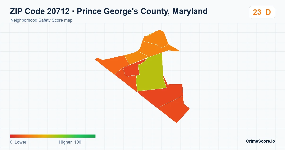 ZIP Code 20712 in Prince George's County, Maryland neighborhood Safety Score map