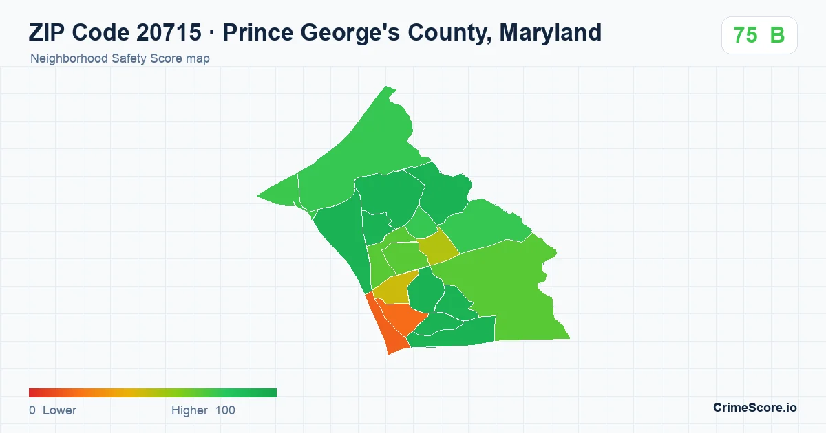 ZIP Code 20715 in Prince George's County, Maryland neighborhood Safety Score map