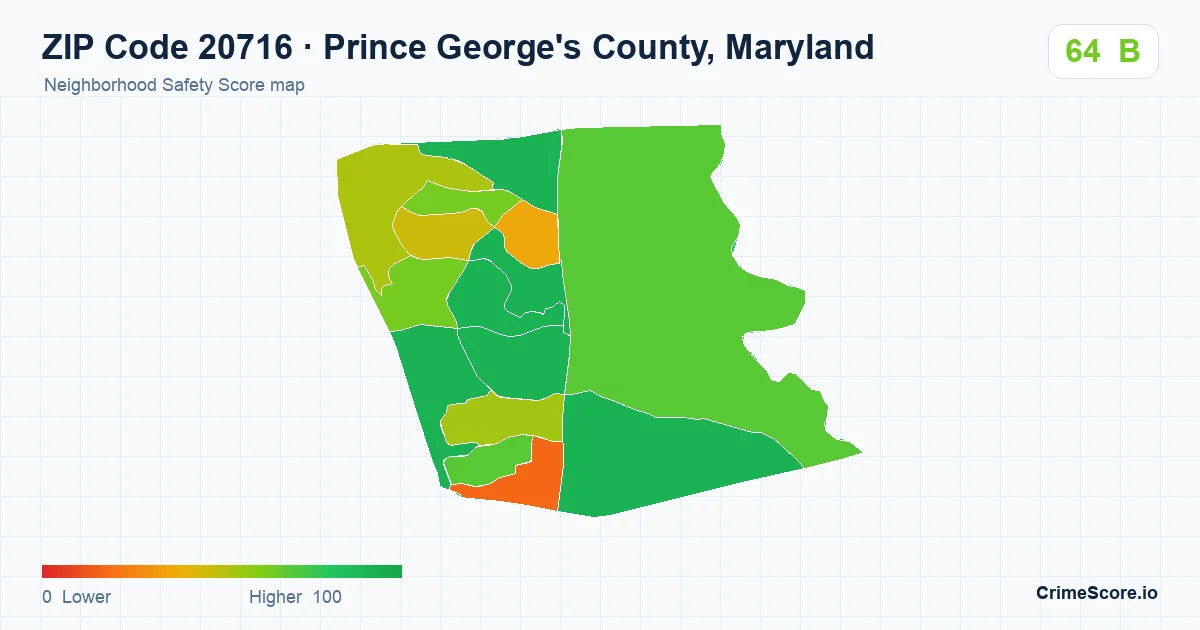 ZIP Code 20716 in Prince George's County, Maryland neighborhood Safety Score map