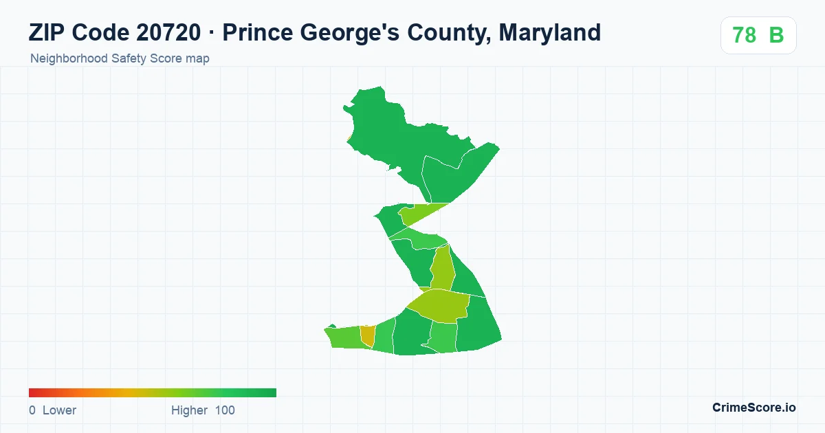 ZIP Code 20720 in Prince George's County, Maryland neighborhood Safety Score map