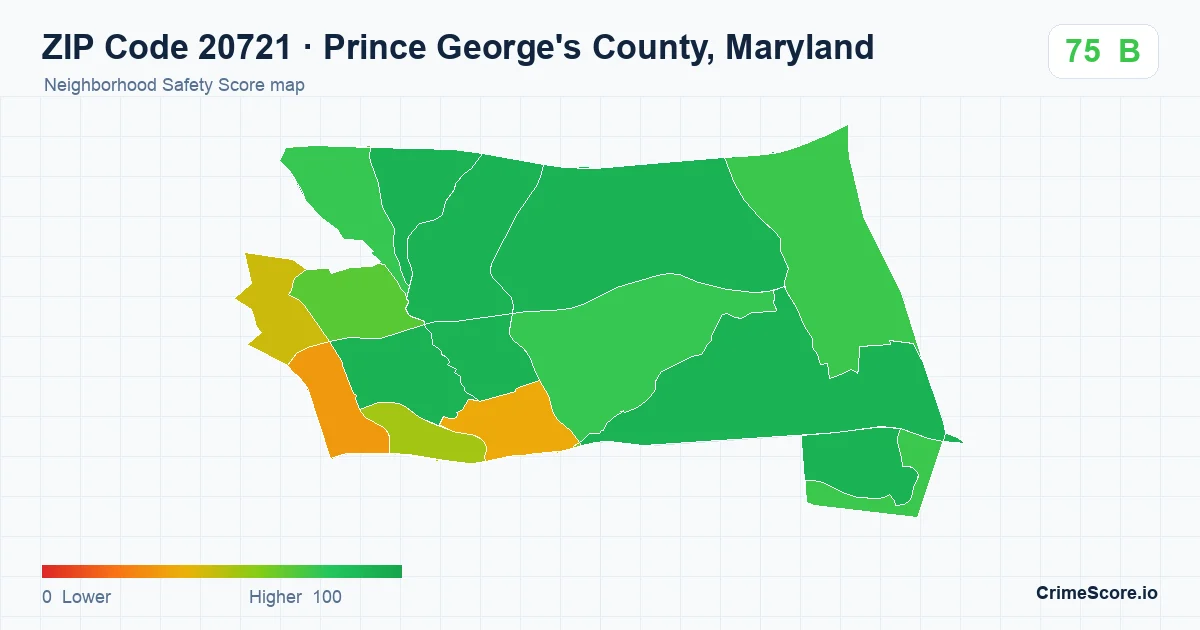 ZIP Code 20721 in Prince George's County, Maryland neighborhood Safety Score map