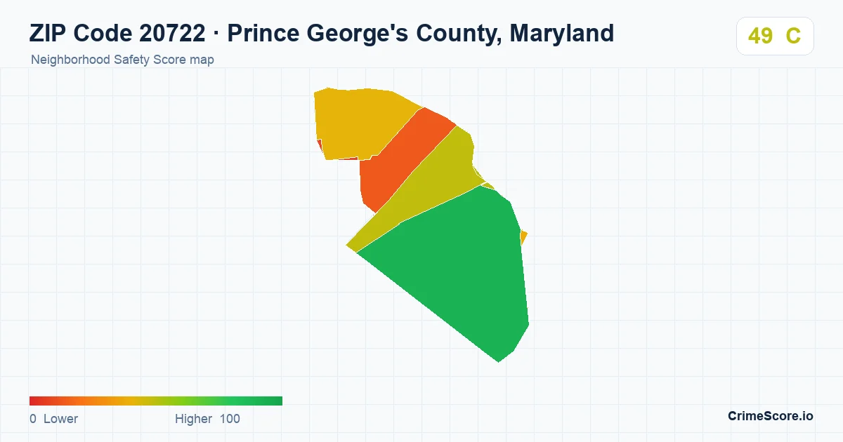 ZIP Code 20722 in Prince George's County, Maryland neighborhood Safety Score map