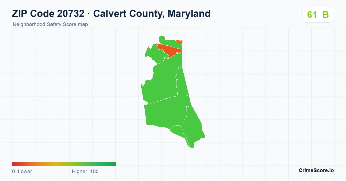 ZIP Code 20732 in Calvert County, Maryland neighborhood Safety Score map