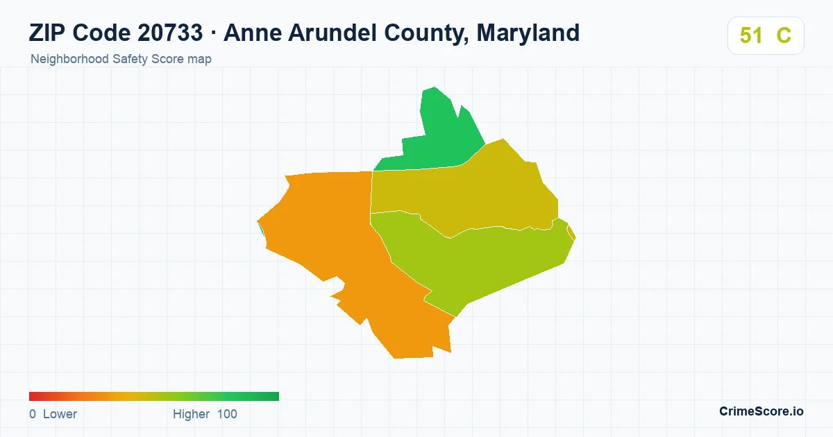 ZIP Code 20733 in Anne Arundel County, Maryland neighborhood Safety Score map