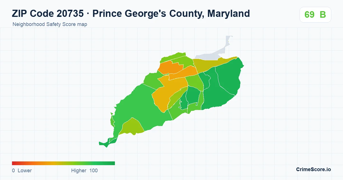 ZIP Code 20735 in Prince George's County, Maryland neighborhood Safety Score map